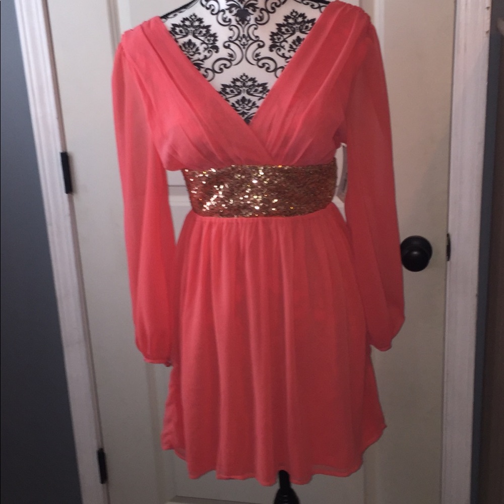 Medium Coral chiffon mini dress- embellishments!